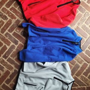 Red, Blue, and Gray Fleece Jackets with Zipper Pockets